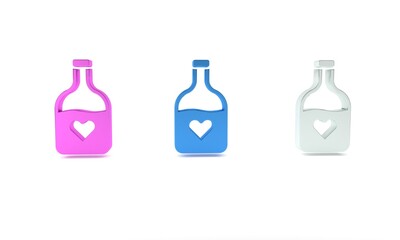 Colorful Bottle with love potion icon isolated on white background. Happy Valentines day. Minimalism concept. 3D render illustration