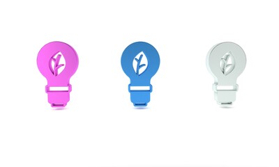 Colorful Light bulb with leaf icon isolated on white background. Eco energy concept. Alternative energy concept. Minimalism concept. 3D render illustration