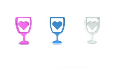 Colorful Glass of champagne icon isolated on white background. Happy Valentines day. Minimalism concept. 3D render illustration