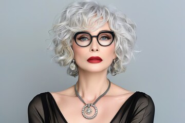 Sophisticated woman with stylish white curly hair wearing elegant black glasses and jewelry, showcasing contemporary fashion and confidence © aicandy