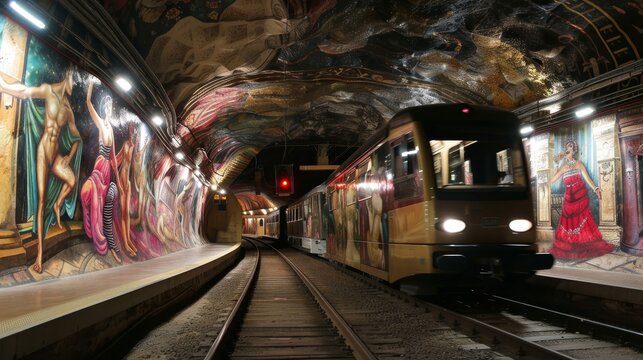 Global Rhythms A Journey Through Dance Vibrant Train Tunnel Mural Stock Image