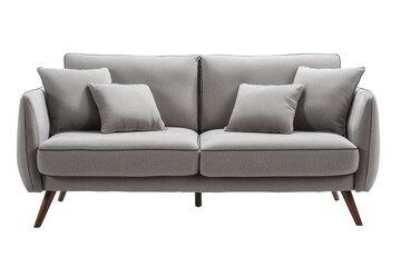 Fototapeta premium A modern grey sofa with two cushions, standing against a white background.