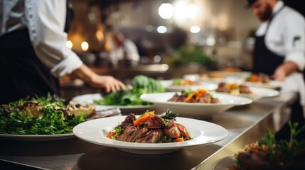 Chefs preparing gourmet dishes in a modern commercial kitchen setting.