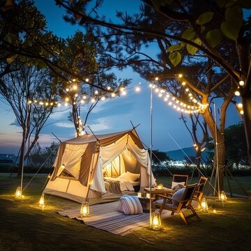 Outdoor camping tent with tarp or flysheet on grass courtyard and warm night light under dark blue sky twilight time, family vacation picnic on holiday relax, Overview of camping of family tourist.