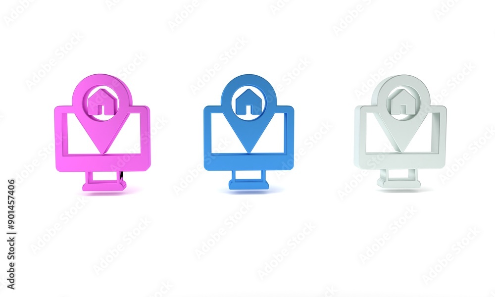 Poster colorful computer monitor and folded map with location marker icon isolated on white background. min