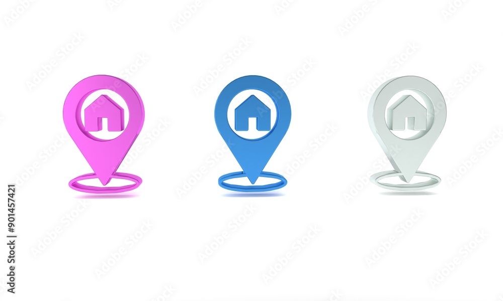 Poster colorful map pointer with house icon isolated on white background. home location marker symbol. mini