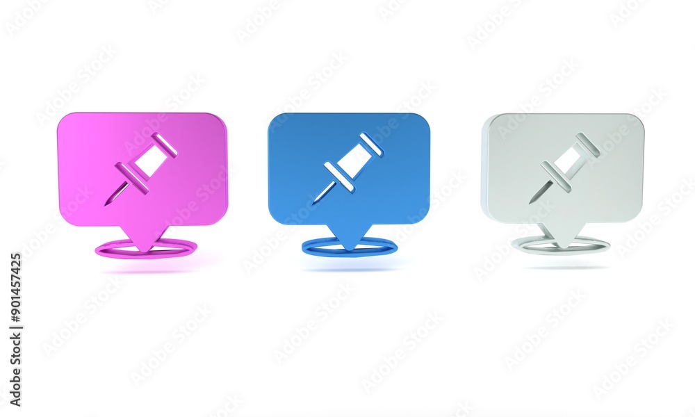 Poster colorful push pin icon isolated on white background. thumbtacks sign. minimalism concept. 3d render 