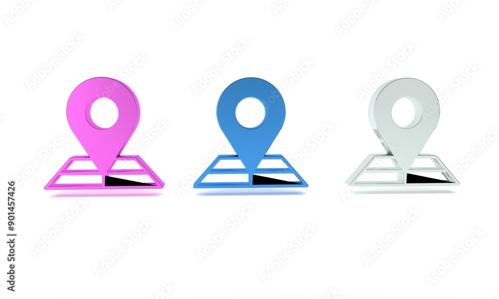 Poster colorful folded map with location marker icon isolated on white background. minimalism concept. 3d r