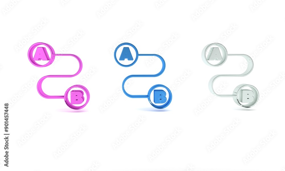 Fototapete Colorful Route location icon isolated on white background. Map pointer sign. Concept of path or road. GPS navigator. Minimalism concept. 3D render illustration