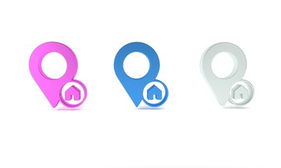 Colorful Map pointer with house icon isolated on white background. Home location marker symbol. Minimalism concept. 3D render illustration