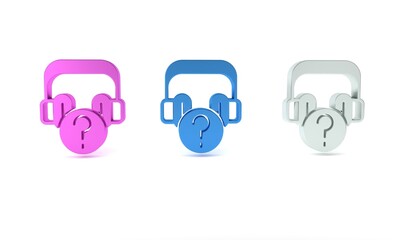 Colorful Headphones with question icon isolated on white background. Support customer service, hotline, call center, faq, maintenance. Minimalism concept. 3D render illustration