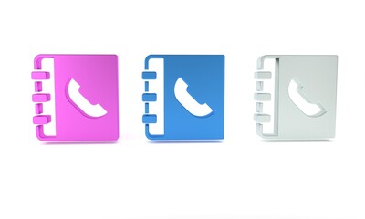 Colorful Phone book icon isolated on white background. Address book. Telephone directory. Minimalism concept. 3D render illustration