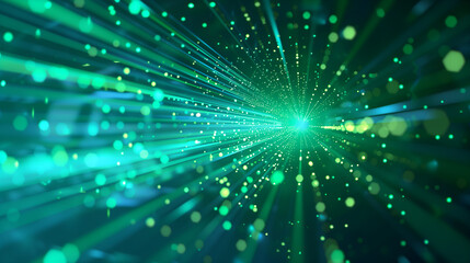 A blue and green light show with a long, curving line. The light show is made up of many small dots, creating a sense of movement and energy. Scene is dynamic and exciting