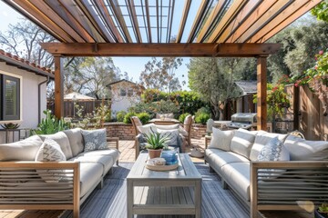 Fototapeta premium Cozy patio with sofas and a table. Pergola shade over patio.