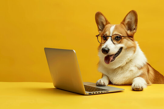 A happy corgi dog with glasses is working on a laptop at a desk on a yellow background.