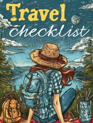 Obraz premium Graphic of a travel checklist. Woman with backpack and hat taking in a scenic mountain view from a cliff.