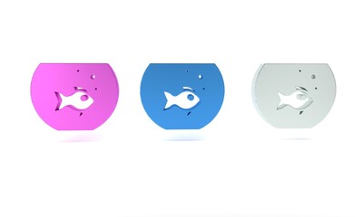 Colorful Aquarium with fish icon isolated on white background. Round glass aquarium. Aquarium for home and pets. Minimalism concept. 3D render illustration
