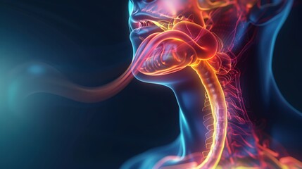 Fototapeta premium A close up of a person's neck and throat with a red and blue color scheme