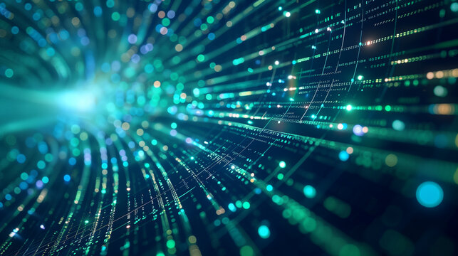 A blue and green light show with a long, curving line. The light show is made up of many small dots, creating a sense of movement and energy. Scene is dynamic and exciting