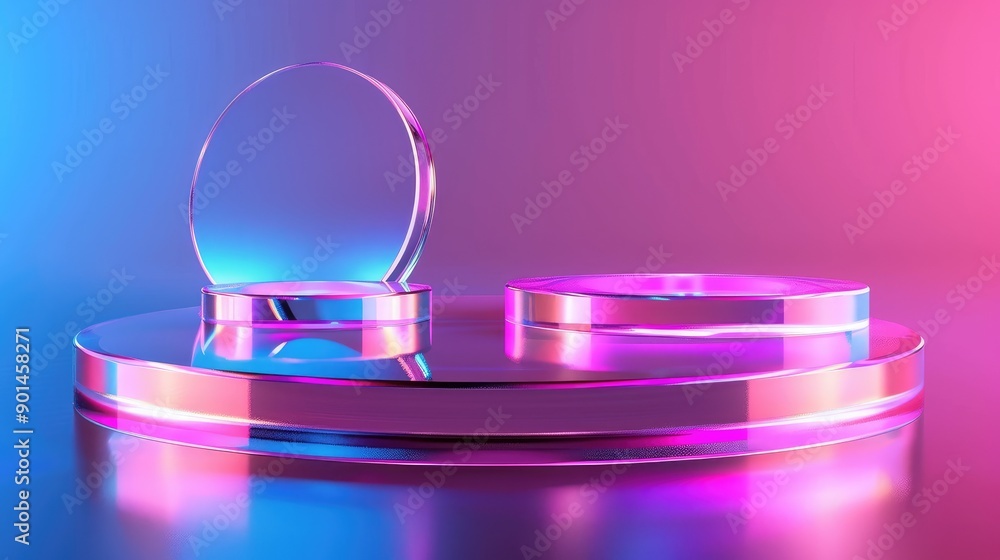Aufkleber modern neon circle light and podium in a minimalistic room for product placement display.