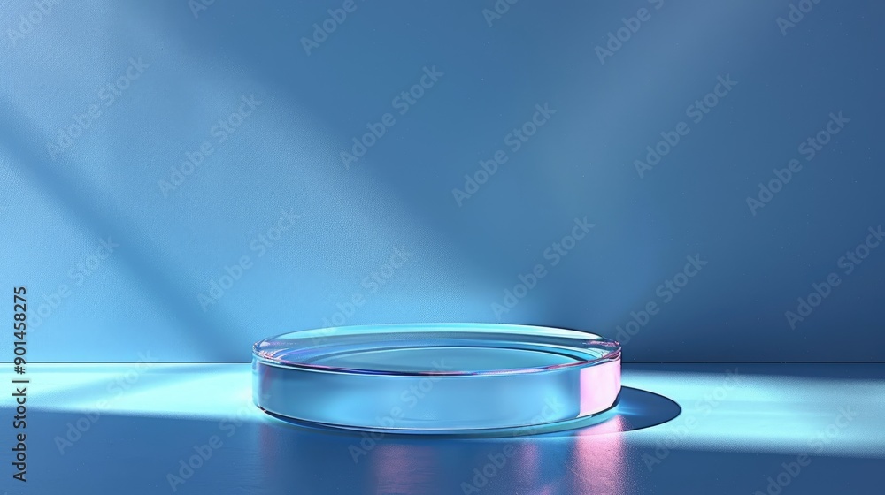 Poster Modern neon circle light and podium in a minimalistic room for product placement display.