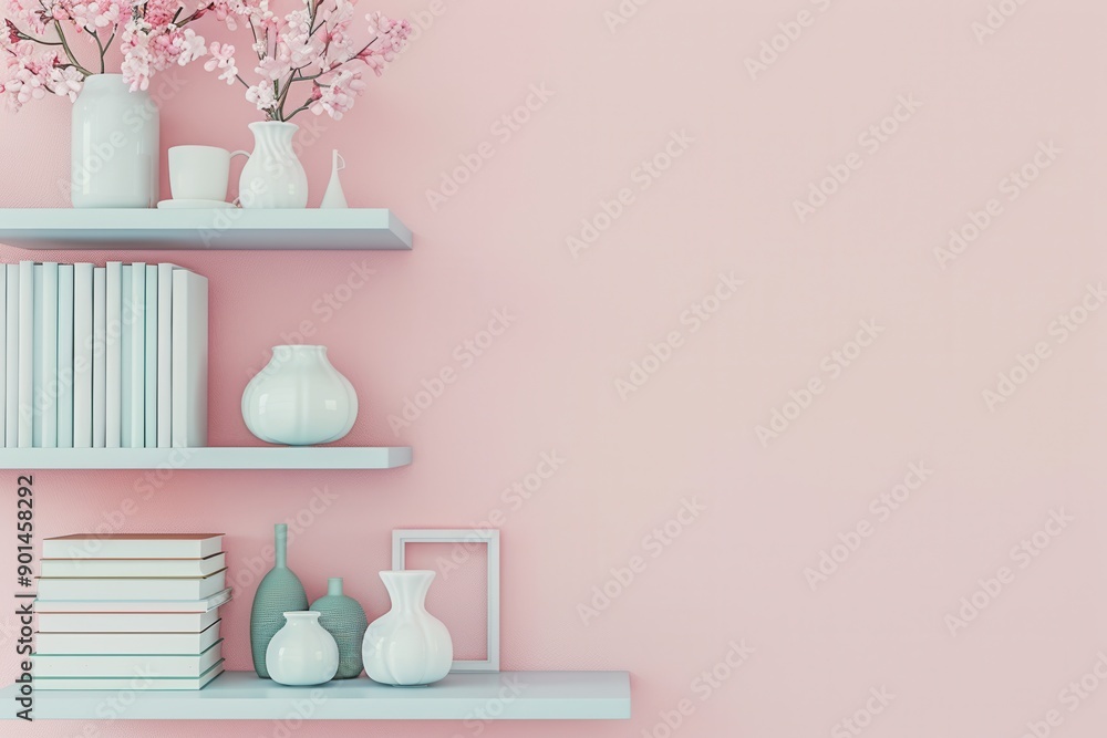 Leinwandbilder a shelf unit is neatly arranged with decorative books, vases, and photo frames, creating a serene at
