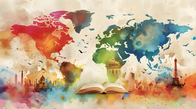 International Translator's Day, September 30. A watercolor image of an open book on a world map background symbolizing cross-cultural understanding and knowledge of world languages
