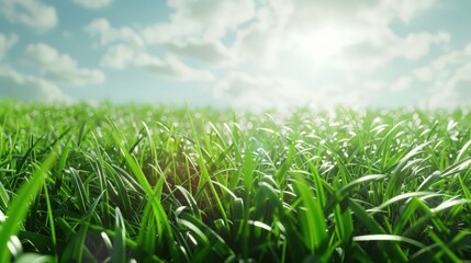 Fototapeta premium A field of green grass with a bright sun shining down on it