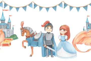 Seamless banner with watercolor illustration of a garland of flags in blue and castle, horse, princess,dragon, treasure, knight or prince in gray. Hand drawn. For decorating children's room wallpaper