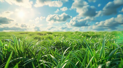 Obraz premium A field of grass with a bright blue sky and clouds