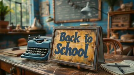 A vintage typewriter on a wooden desk with a Back to School sign in stylized font, surrounded by more vintage objects like books and a lamp