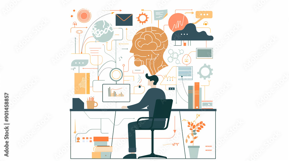 Poster a man is sitting at a desk with a laptop in front of him. the image is a colorful and abstract repre