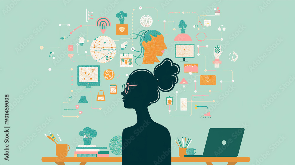 Poster a man is sitting at a desk with a laptop in front of him. the image is a colorful and abstract repre