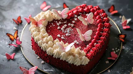 A Valentine's Day cake in heart shape, covered in red velvet fondant with white and pink fondant butterflies, creating a romantic and sweet presentation.