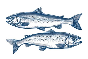 Fototapeta premium Antique of salmon drawing animal sketch.