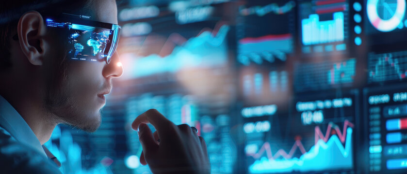 A financial analyst utilizes augmented reality technology for efficient fund tracking in a contemporary office environment with neon accents.