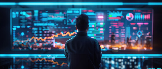 A business professional examines vibrant holographic investment data against a stunning futuristic city backdrop, showcasing innovation in finance.