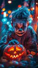 Naklejka premium Young Zombie Boy Holding Jack-o'-Lantern at Halloween