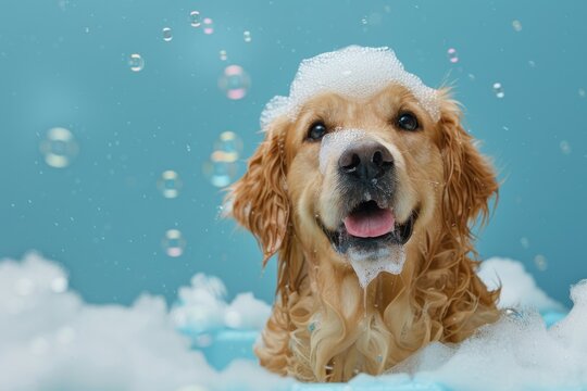 Happy Golden Retriever in bath with foam and bubbles Isolated on blue background copy space