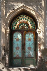 Obraz premium The door is blue and has a stained glass window