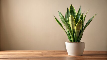 A elegant snake plant with upright sword-shaped leaves sits in a modern ceramic pot on a wooden table against a minimalistic beige background.