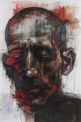 A man's face is painted with red and black colors