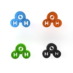 Colorful Chemical formula for water drops H2O shaped icon isolated on white background. Minimalism concept. 3D render illustration