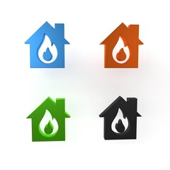 Colorful Fire in burning house icon isolated on white background. Minimalism concept. 3D render illustration
