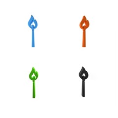 Colorful Burning match with fire icon isolated on white background. Match with fire. Matches sign. Minimalism concept. 3D render illustration