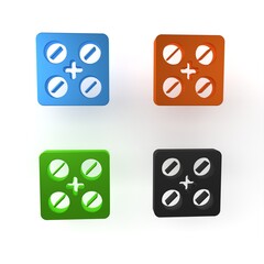 Colorful Pills in blister pack icon isolated on white background. Medical drug package for tablet, vitamin, antibiotic, aspirin. Minimalism concept. 3D render illustration