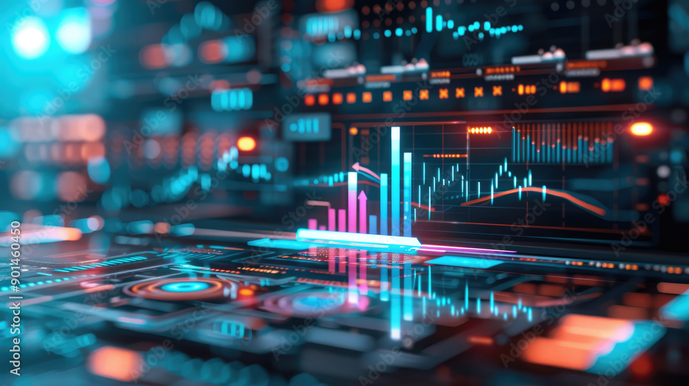 Poster explore a high-tech 3d model showcasing a financial portfolio, featuring holographic projections of 