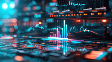 Explore a high-tech 3D model showcasing a financial portfolio, featuring holographic projections of growth charts against a cool blue background. Ideal for finance and tech projects.