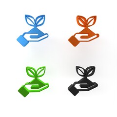 Colorful Plant in hand of environmental protection icon isolated on white background. Seed and seedling. Planting sapling. Ecology concept. Minimalism concept. 3D render illustration