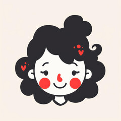 Description  Adorable character with bold strokes, red cheek circles, and curly hair, capturing joy in a minimalist logo style.
